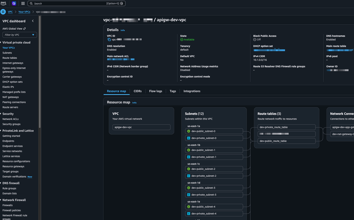 VPC and subnet layout in the AWS Console